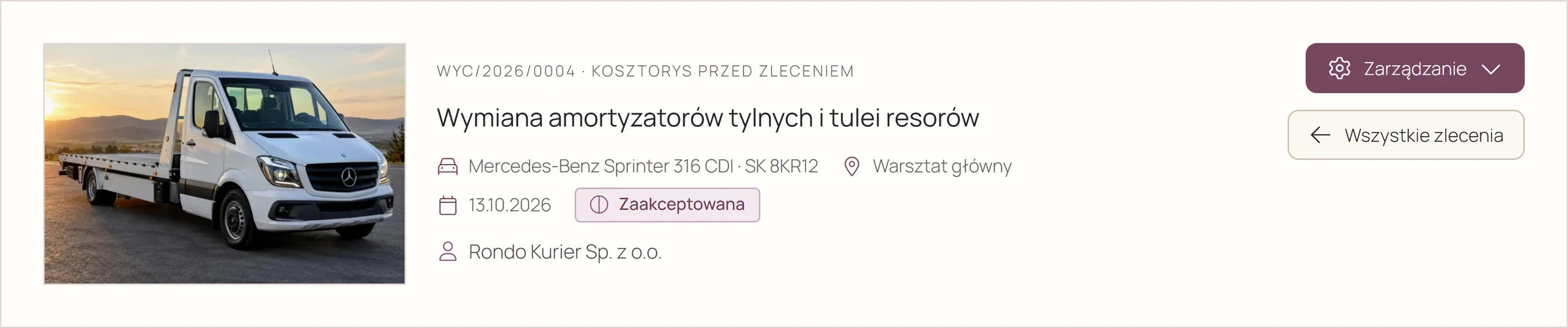 Nagłówek wyceny: zdjęcie auta, numer wyceny, zakres prac, termin, status Zaakceptowana i klient