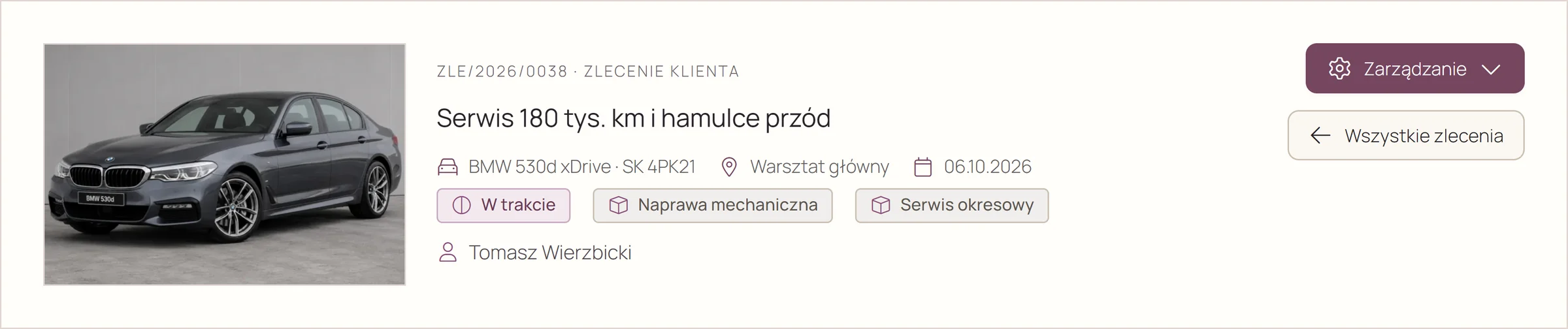 Nagłówek karty zlecenia: zdjęcie auta, numer zlecenia, zakres, status W trakcie, rodzaje prac i klient
